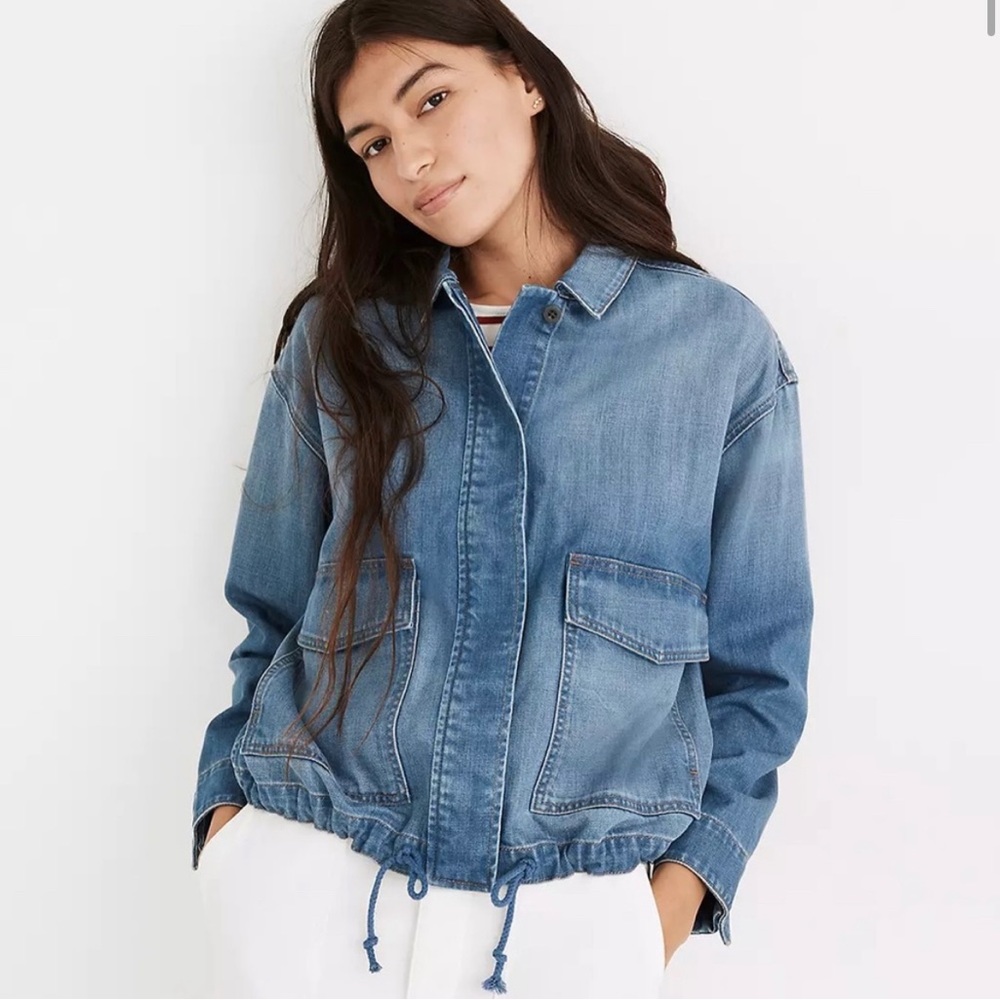 Madewell Denim Drawstring Military Shirt Jacket Glennar Wash NWT Size XS